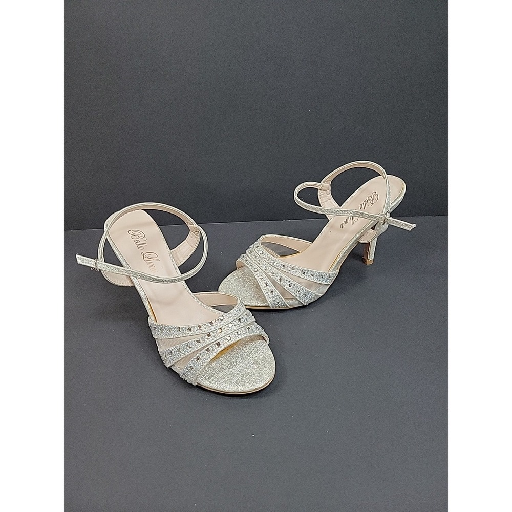 Bella Luna Glitter Rhinestone Heels Womens 7.5 Silver Ankle Strap Dress